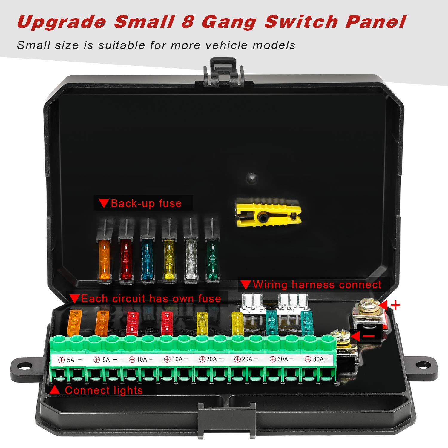 8 Gang Switch Panel Kit, Auto Power Plus Circuit Control Box Electronic Relay System Universal ON/Off Touch Switch Box with Harness and Label Stickers for Truck ATV UTV Boat Marine