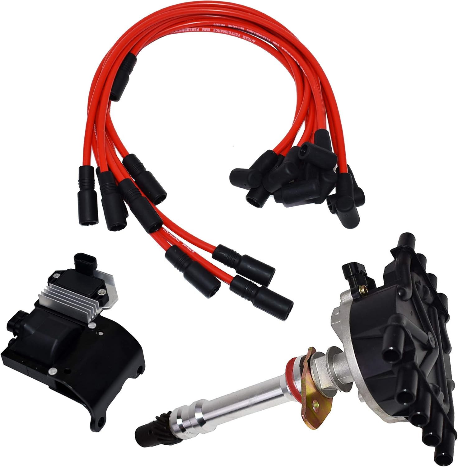 A-Team Performance - Distributor, 8mm Spark Plug Wires, Ignition Coil, and Ignition Module Kit - Compatible with 1996-2002 Chevrolet GM EFI Vortec C1500 K1500 C2500 K2500 Black Cap and Red Wires
