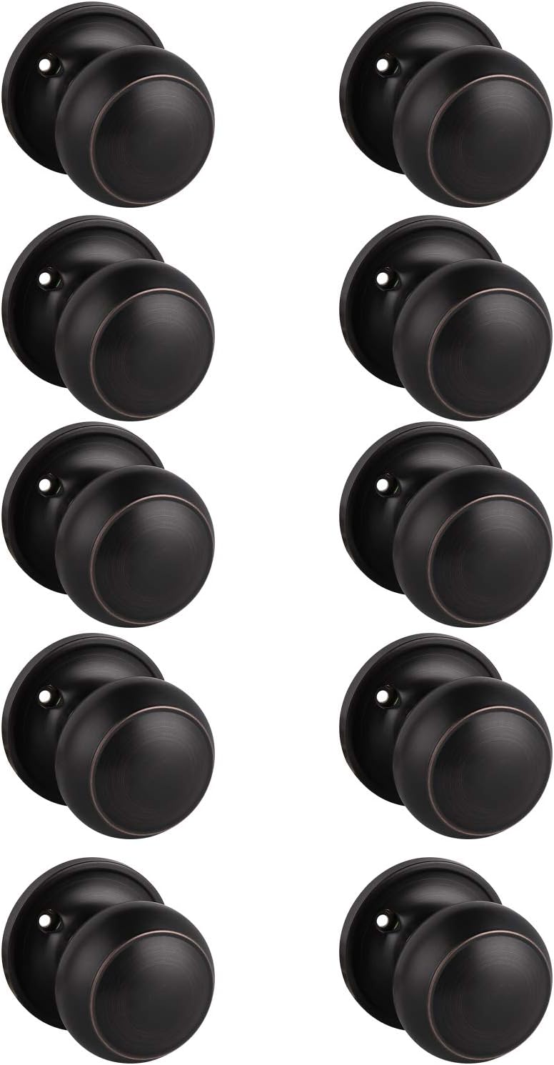 knobelite (5 Pack) Round Passage Door Knob(Non-Locking Knobs), Keyless Doorknobs Interior/Exterior Door Lockset,Passage Knobs for Hallway/Closet,Oil Rubbed Bronze Finish Modern Design Door Hardware Pack of 2