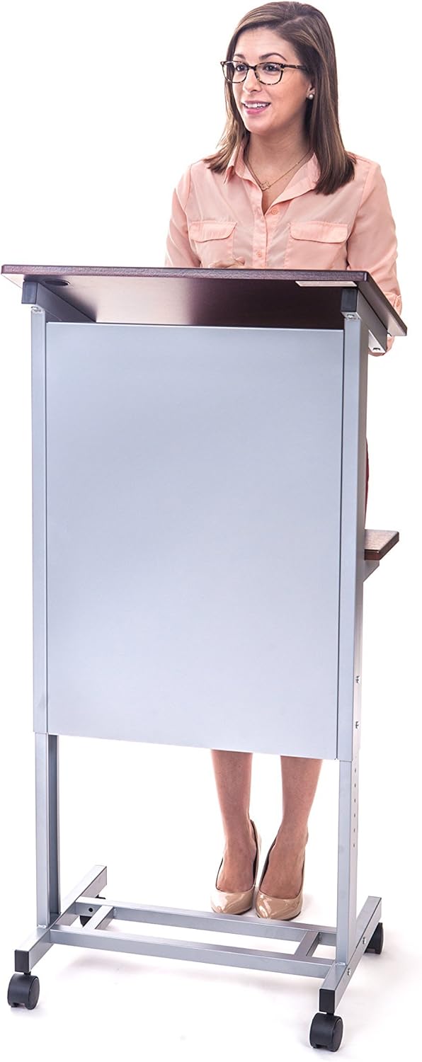 Stand Up Desk Store Mobile Adjustable Height Rolling Lectern Podium with Heavy Duty Steel Frame (Silver Frame/Dark Walnut Shelves, 25.5