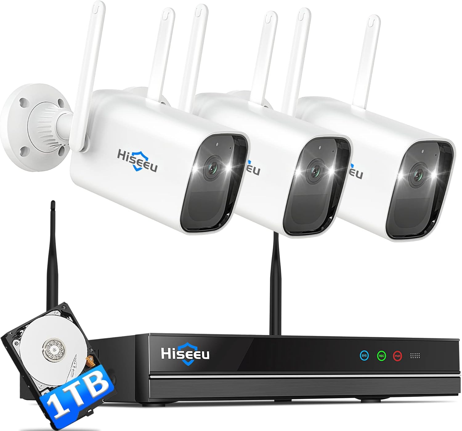 【100% Wire-Free】 3-Cam Kits, Hiseeu Battery Powered Wireless Security Camera System, 2K HD, Spotlight, Color Night Vision, 2-Way Audio, PIR, Wall Mount, Waterproof, Spotlight, Record with 1TB HDD