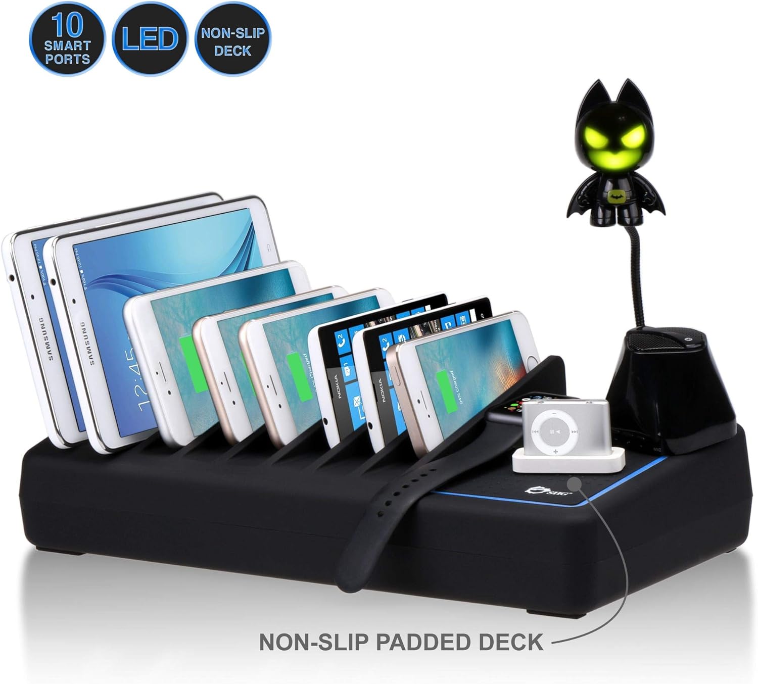 SIIG 90W Smart 10-Port USB Charging Station with Non-Slip Padded Deck and LED Ambient Light for Smartphones, Tablets, and Many Other Compatible USB Powered Devices (Black) Pack of 2