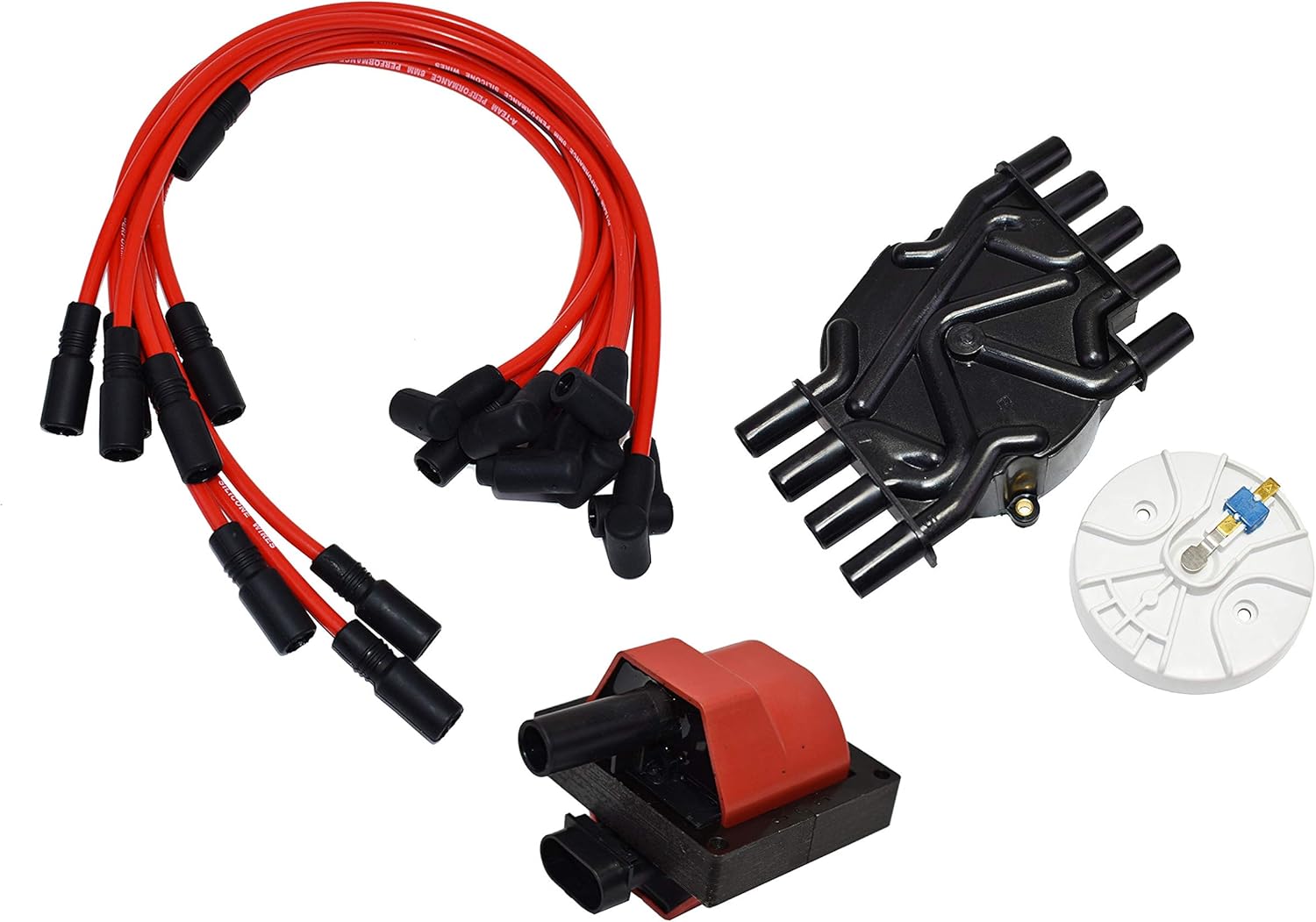 A-Team Performance - Distributor Cap, Rotor, Remote Ignition Coil Tune Up Kit, and 8.0mm Spark Plug Wires Kit - Compatible with 96-02 GM Chevrolet Vortec 5.0L 5.7L 7.4L 305 350 454 Black Cap