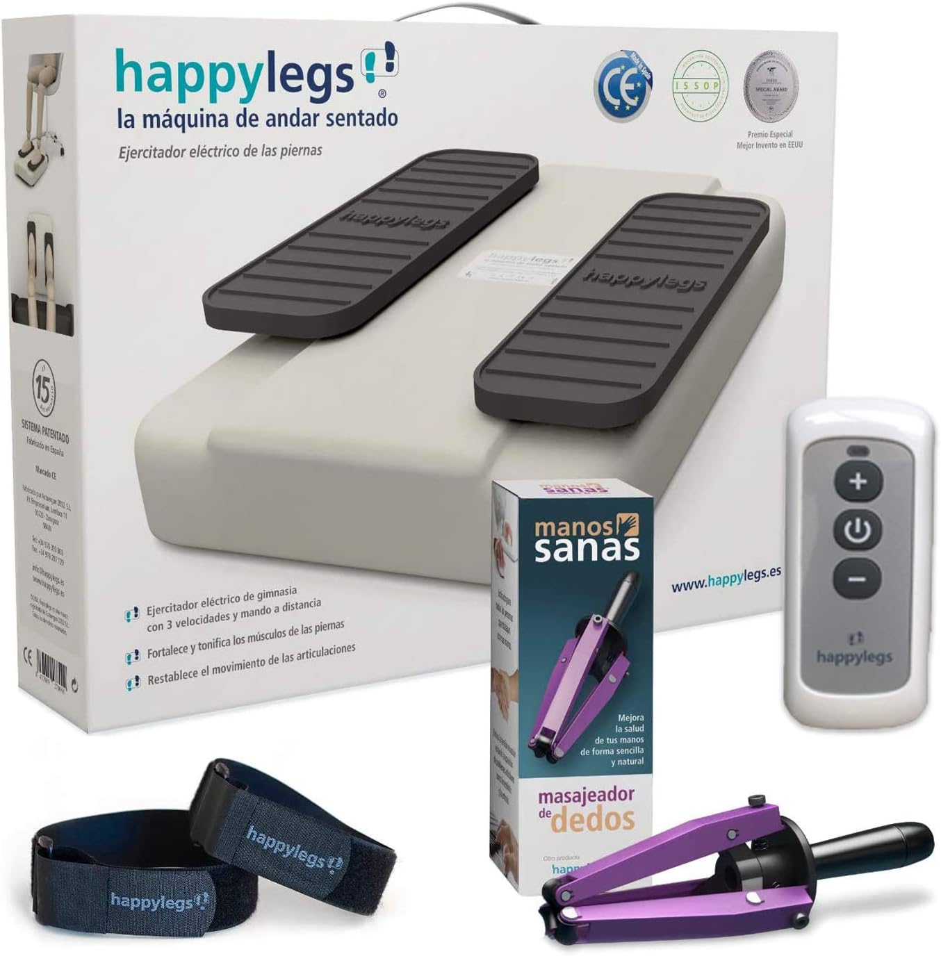 Happylegs | Pack 2020 Model + Healthy Hands + Foot Straps | Phisical Therapy | Stimulates Circulation of Legs and Hands | Home Excercise | Blue | Made in Spain