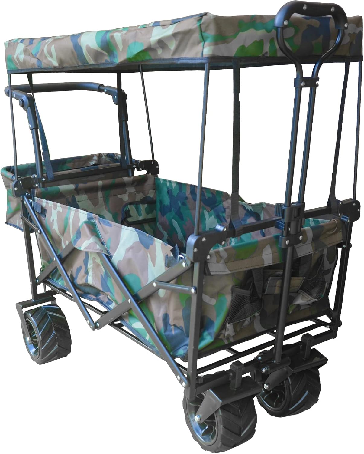 Collapsible Wagon Camping Garden Cart with Removable Canopy, Folding Wagon with Adjustable Push Handles and Brake for Shopping, Picnic, Beach, Camping, Sports (Black)