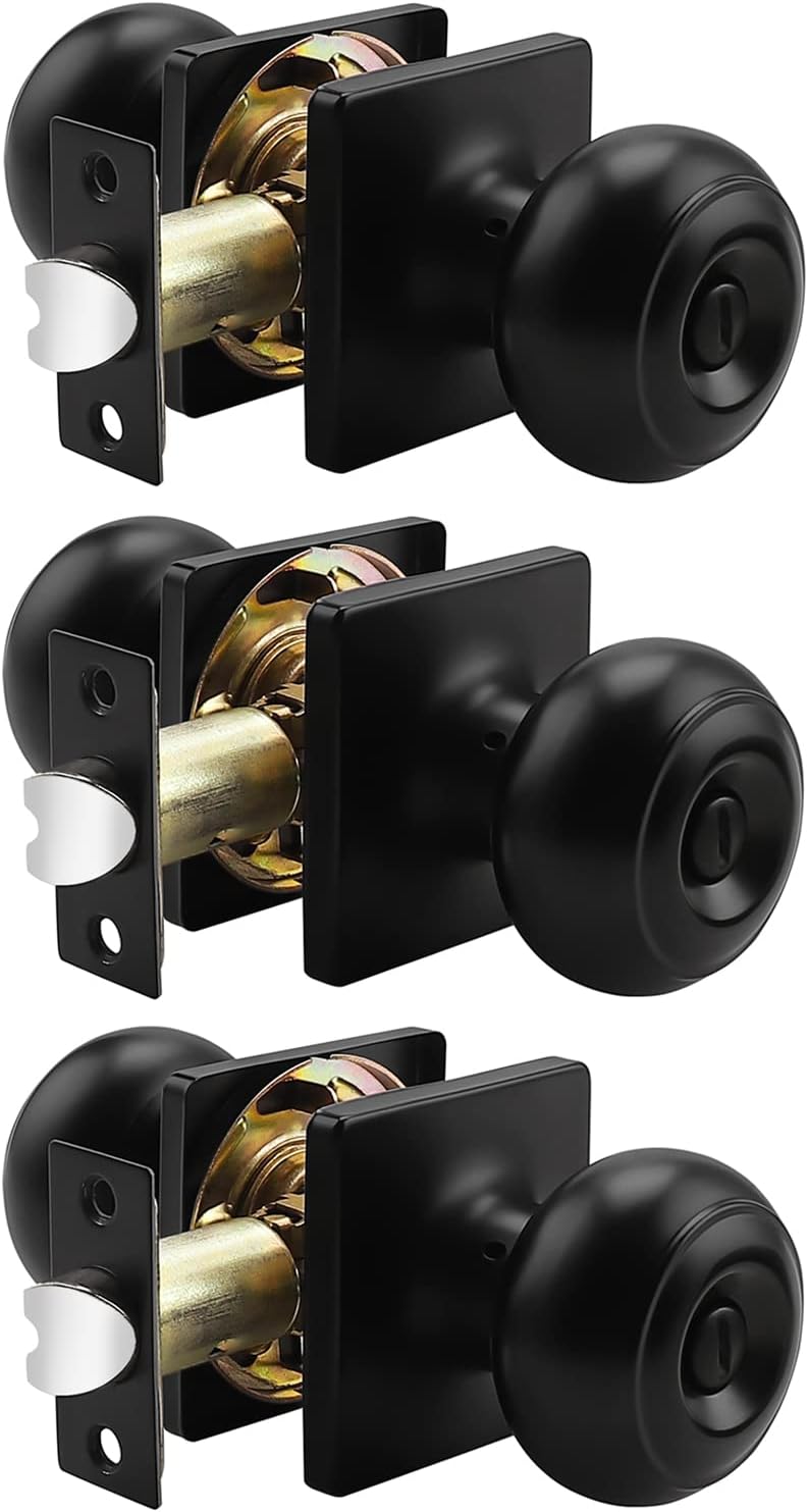Probrico Black Passage Door Knobs Round Handles for Hall or Closet Keyless Non-Locking Interior Knobs with Square Rosette, 3 Pack Pack of 2