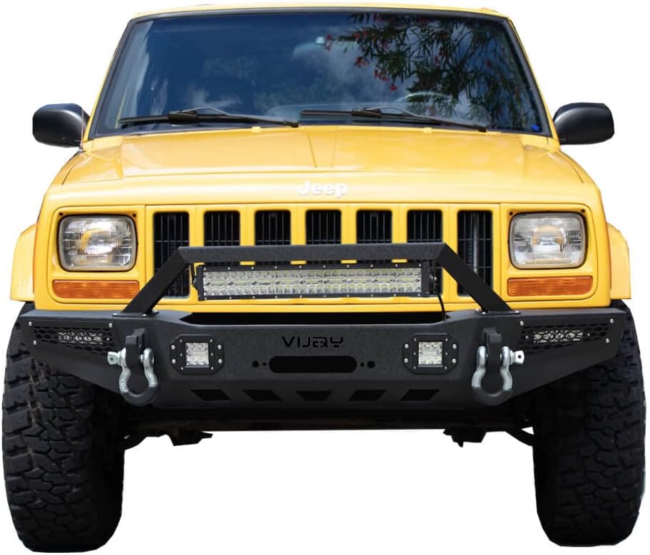 Vijay Front and Rear Bumper with LED Lights and Winch Plate and Tire Carrier Compatible with 1984-2001 Cherokee XJ