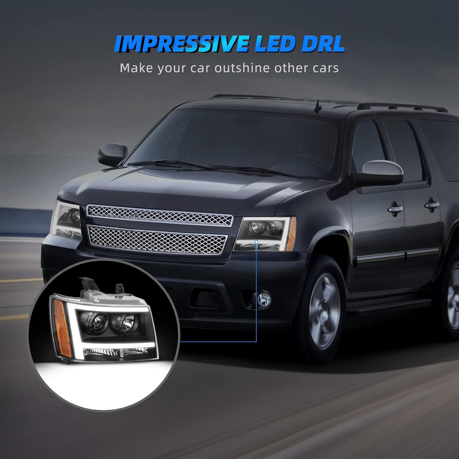 AUTOSAVER88 LED DRL Projector Headlight Assembly Compatible with 2007-2013 Chevy Avalanche Pickup Truck 07-14 Chevy Suburban/Tahoe Replacement for SUV Pickup Truck Black Housing