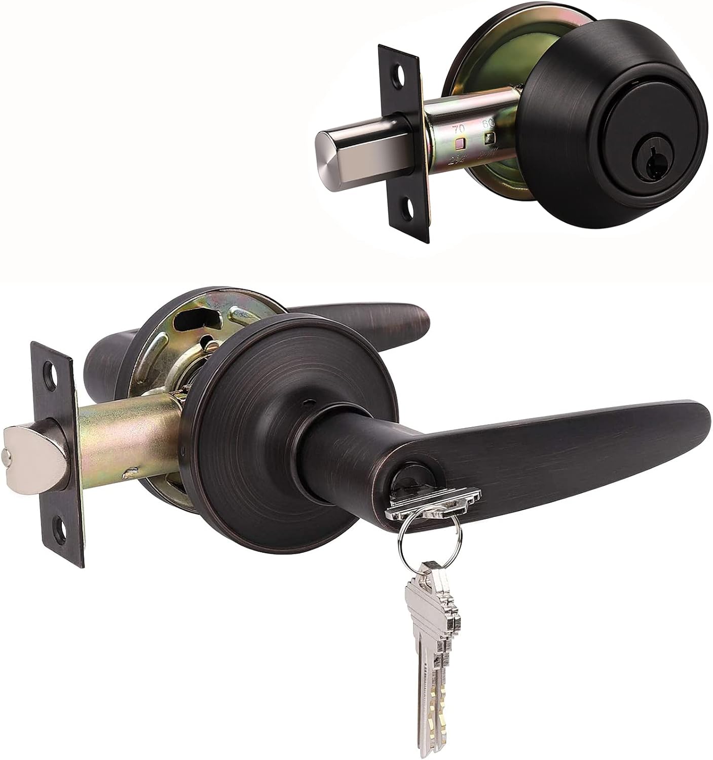 2 Pack Keyed Entry Door Lever and Single Cylinder Deadbolt Combination Set in Matte Black Finish, Exterior Lever with Lock and Deadbolt, Keyed Alike Pack of 2