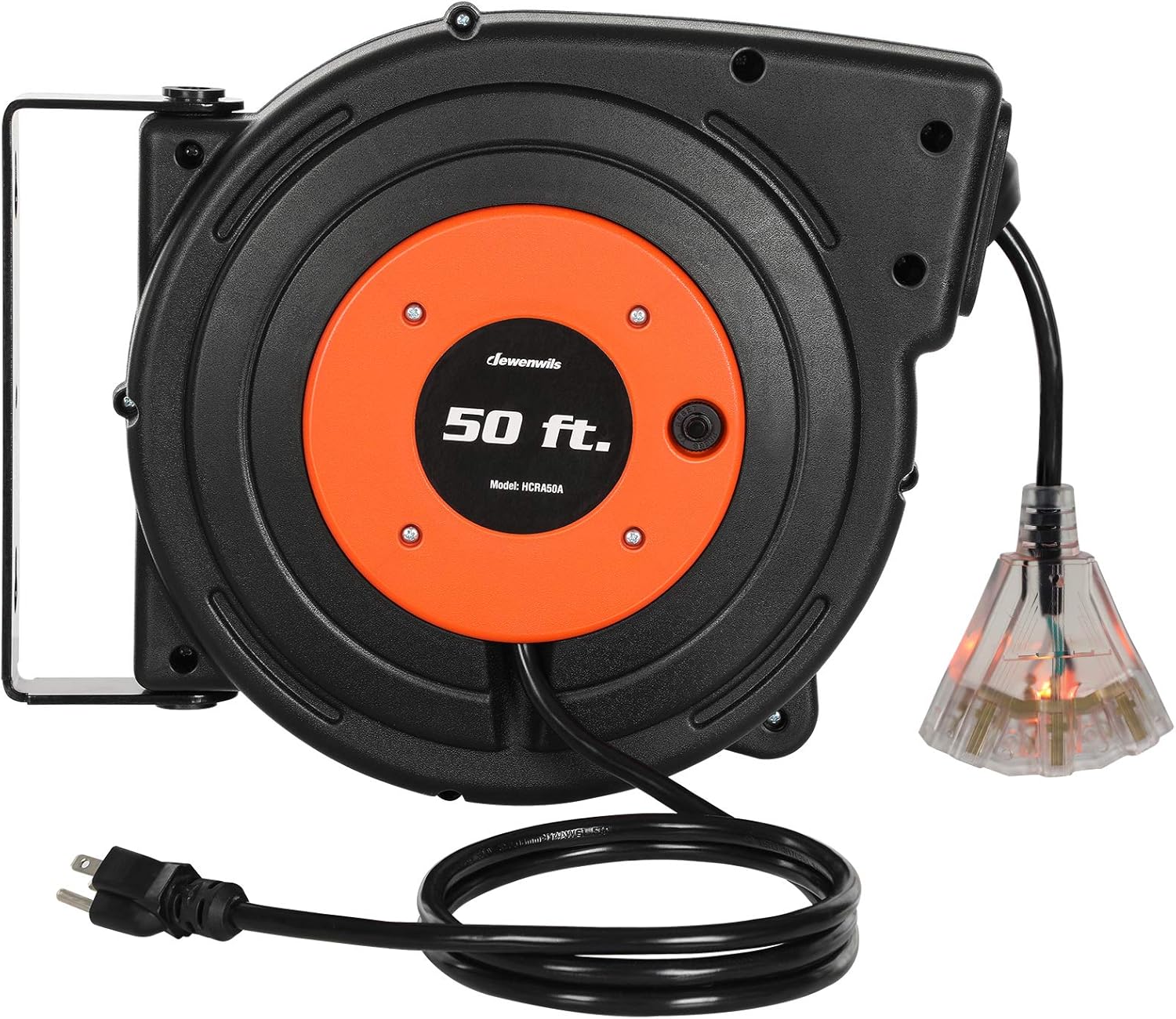 DEWENWILS Retractable Extension Cord Reel, 50FT Electric Cord Reel with 14AWG/3C SJTOW, 13A Circuit Breaker, Wall/Ceiling Mounted, 3-Lighted Triple Outlets, UL Listed, Blue