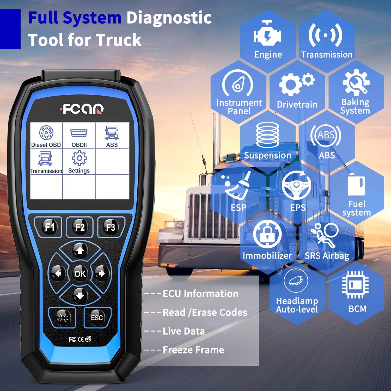 FCAR F507 Heavy Duty Truck Scanner, All Systems Diagnostic Tool for All Almost Trucks, 2 in 1 OBD2 Scanner & HD Truck Scan Tool, with ABS & Transmission Actuation Test for Wabco, Bendix, Allison, ZF