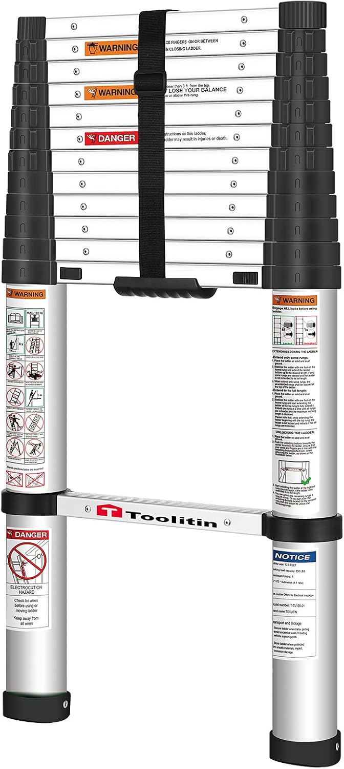 TOOLITIN Telescoping Ladder,12.5FT One Button Retraction Aluminum Telescopic Extension Ladder,Soft Close Design Extendable Ladders Portable for Household Daily or RV Work,330 Pound Capacity