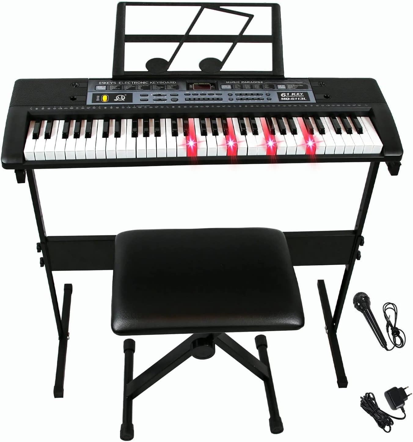 61 Key Electric Keyboard Piano Kit Portable Piano Keyboard with H Stand, Smart Light Up Keys, Full Size Music Keyboard for Beginner，Built-in Dual Speakers with Microphone, Music Stand, Bench (H Stand)