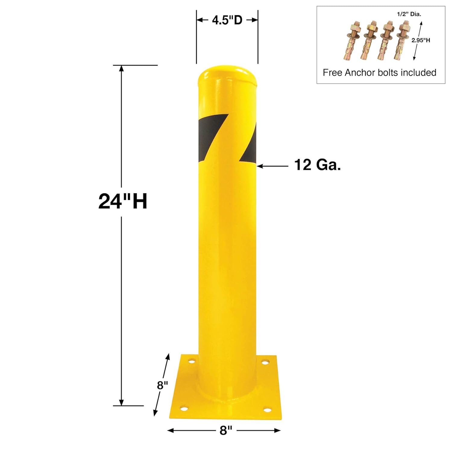 8NET Steel Yellow Safety Barrier Bollard 24''Hx4.5''D,12Ga,Base-8x8'',with 4 Free Ancher Bolts Pack of 2