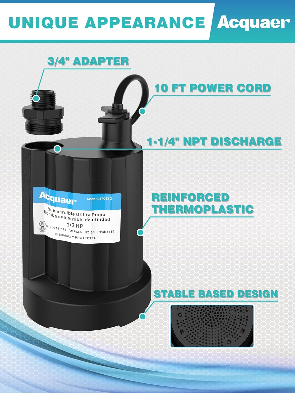 Acquaer 1/3 HP Submersible Water Pump 2160GPH Sump Pump Thermoplastic Utility Pump Portable Electric Water Pump Water Remove for Basement Hot Tubs Garden Pool Cover Draining with 10 ft Cord Pack of 2