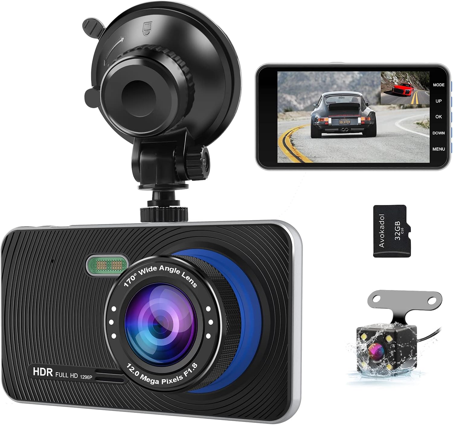 Avokadol Dash Cam Front and Rear,Car Dashboard Camera Recorder with 32G SD Card 1080P FHD 4'' IPS Screen 170°Wide Angle,WDR G-Sensor Parking Monitor Loop Recording Motion Detection Night Vision. Pack of 2