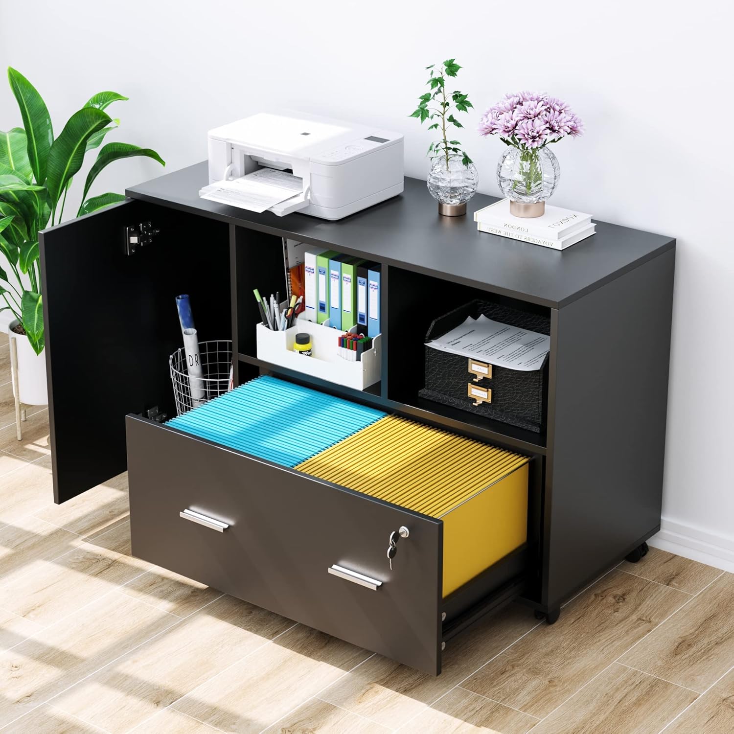 File Cabinet with Drawers and Lock, Wood Lateral Filing Cabinet, Rolling Printer Stand with Open Shelves for Home Office, Black