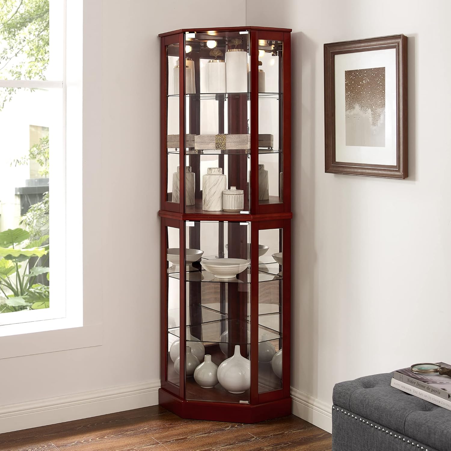 Good & Gracious Corner Curio Cabinet with Adjustable Shelves and Internal Light System, Cherry