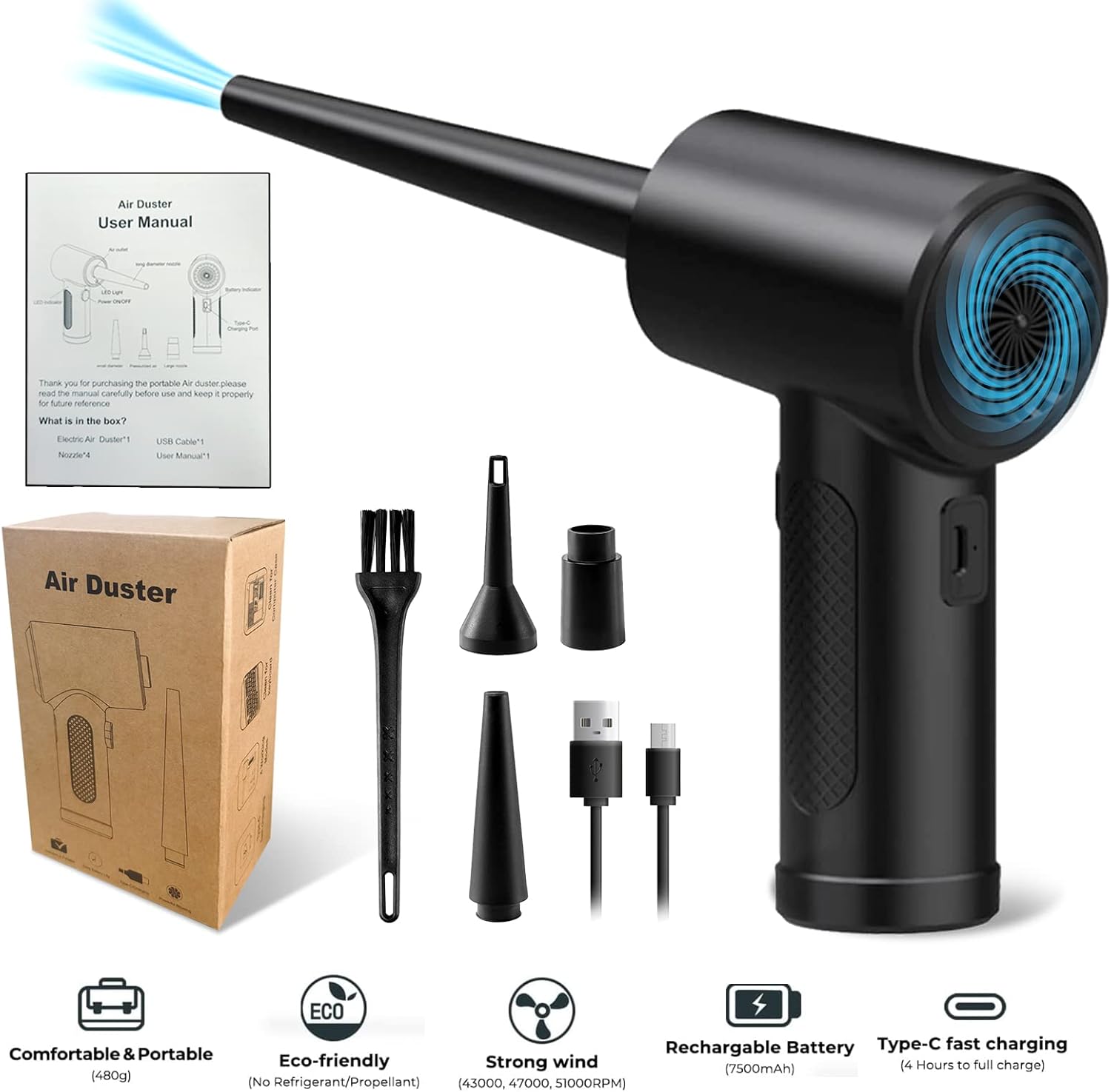 Compressed Air Duster,Electric Cordless Air Duster,6000mAh Rechargeable Dust Cleaner with 43000-51000RPM Air Blower for Computer PC Keyboard Car Home Electronics Cleaning Pack of 2