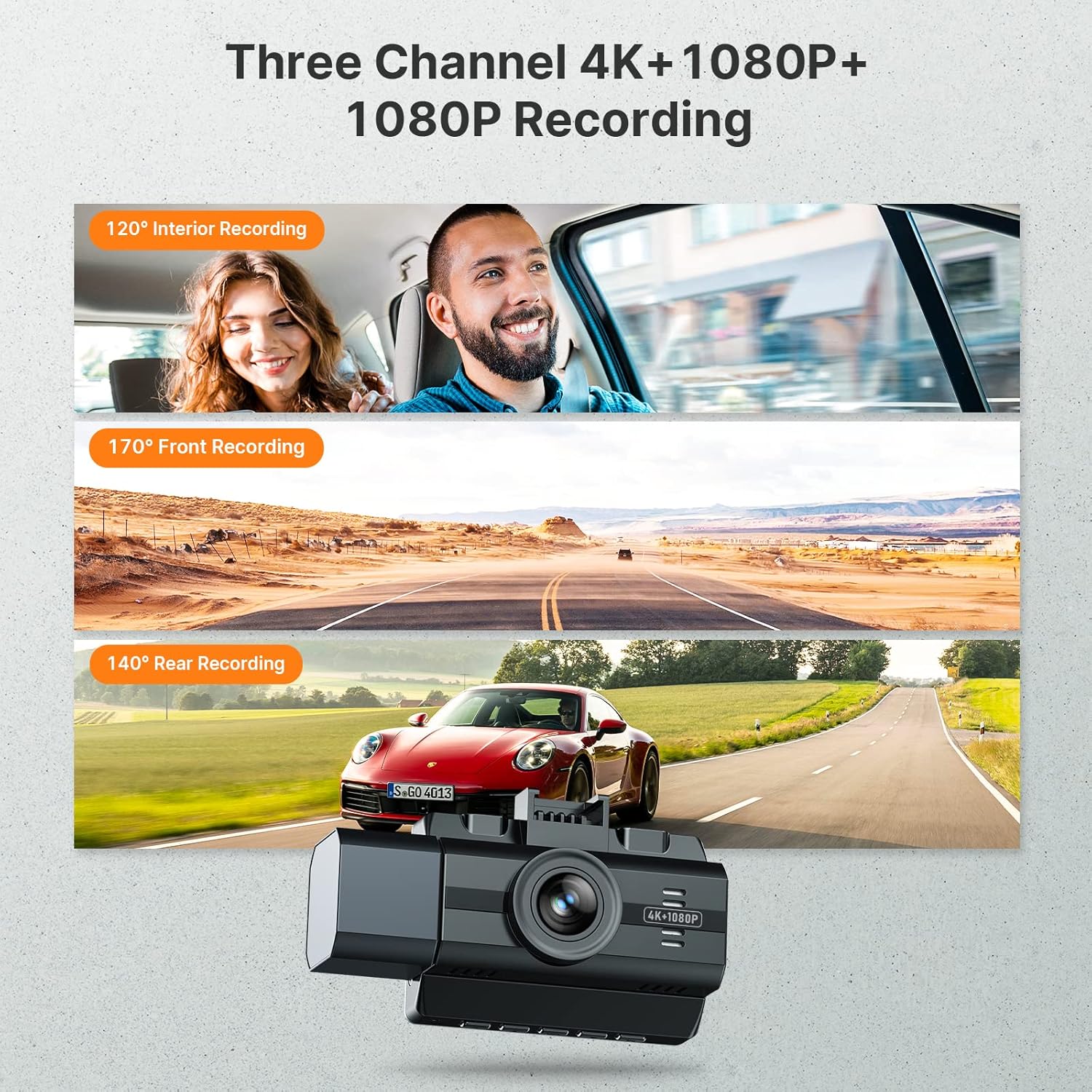 4K Dash Cam Front and Rear Inside 3 Channel Dash Camera, 4K+1080P Dual Dashcam, Dash Camera with Infrared Night Vision, Parking Mode, Loop Recording, G-Sensor, Support 128 GB