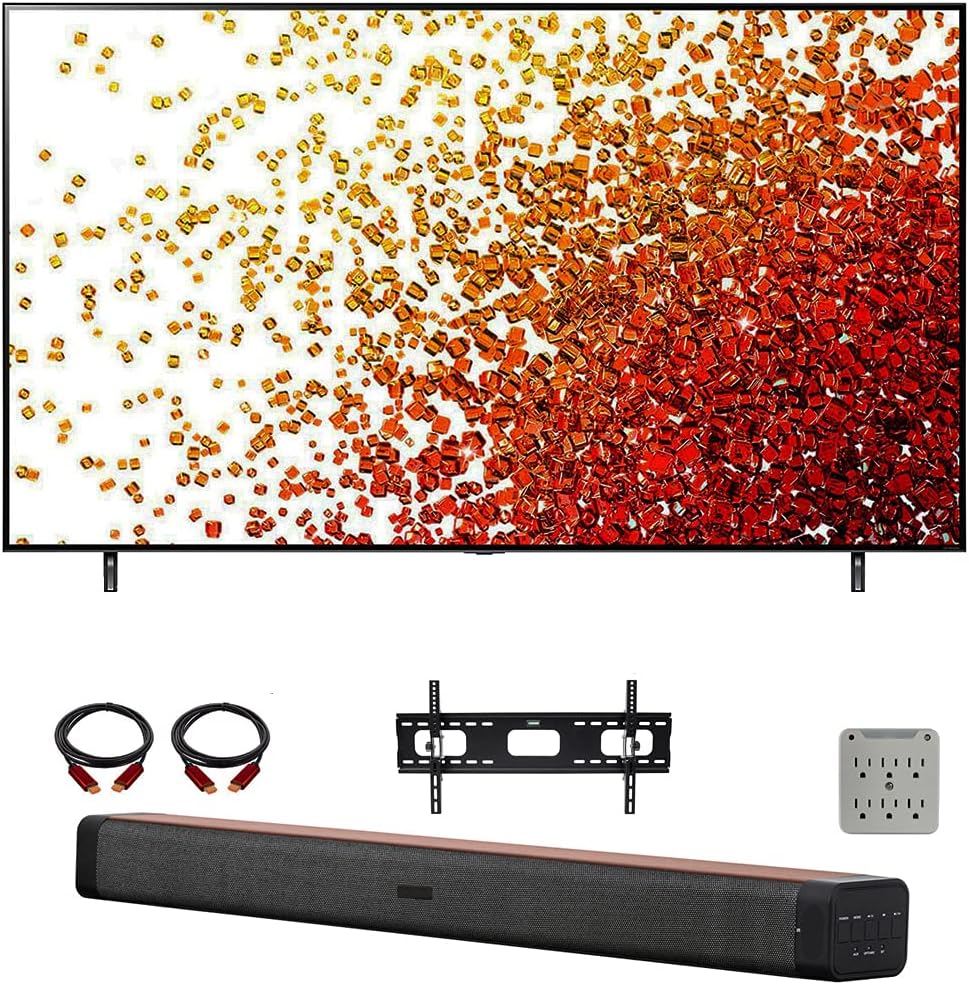 LG 55NANO75UPA 55 Inch HDR 4K UHD Smart NanoCell LED TV (2021) Bundle with Deco Home 60W 2.0 Channel Soundbar, 37-100 inch TV Wall Mount Bracket Bundle and 6-Outlet Surge Adapter