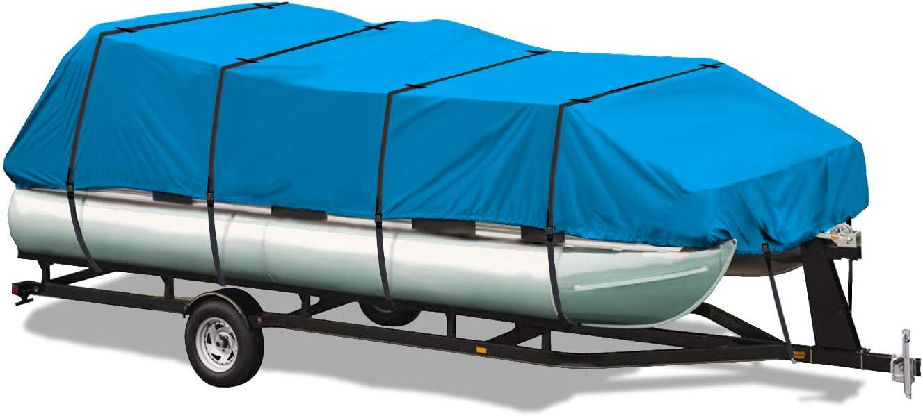 EliteShield Pontoon Boat Cover, Waterproof Marine Grade 600D Polyester Trailerable Boat Cover for Pontoons and Deck Boat Size 17 ft to 20 ft Long Blue Color