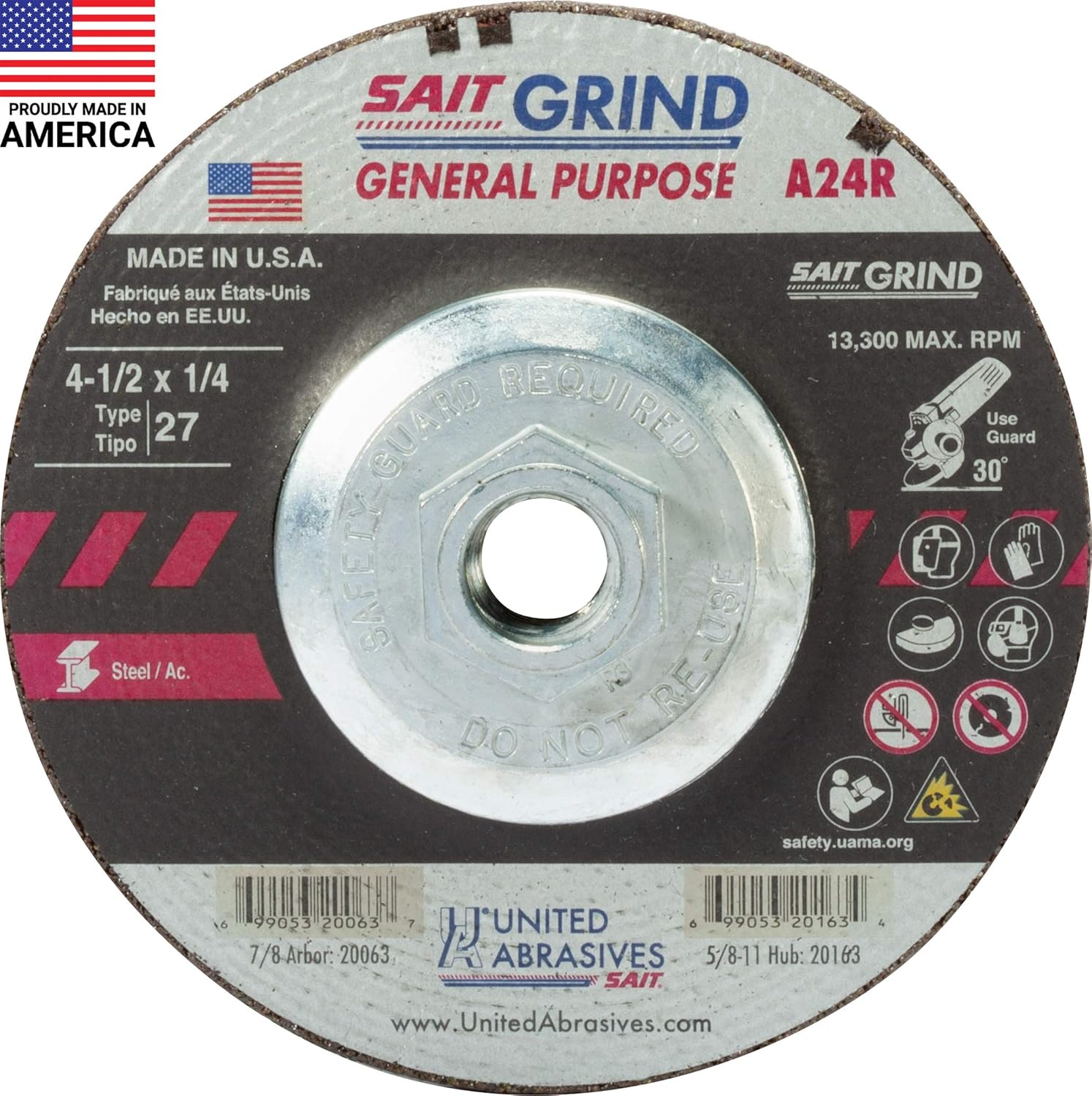 United Abrasives-SAIT 20063 A24R General Purpose/Long Life Grinding Wheel (Type 27/Depressed Center) 4 1/2