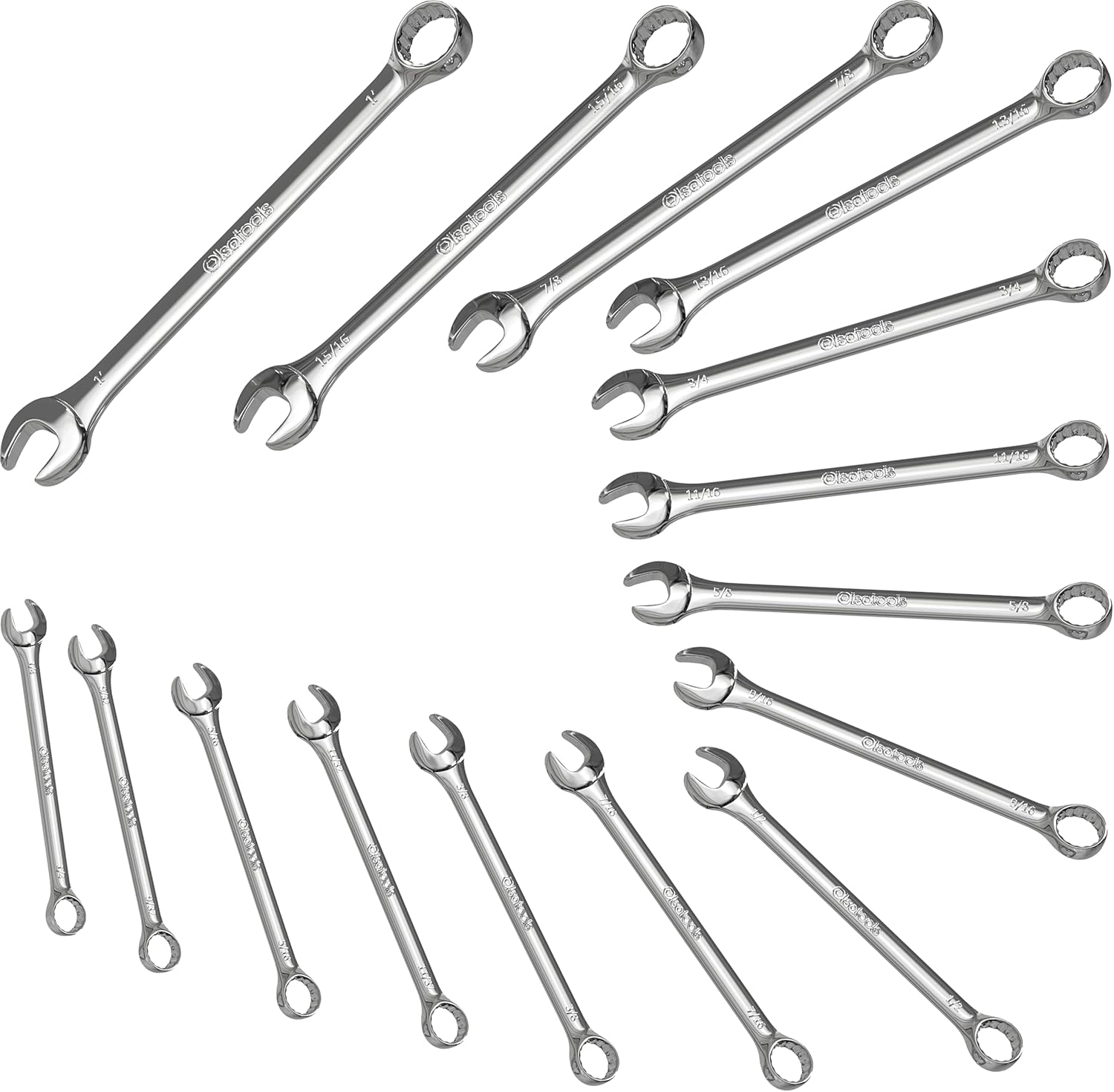 Olsa Tools 15 pc Combination Wrench Set (SAE) | 15-Degree Angle Offset | Precision 12-point Box End | Unbreakable Complete SAE Wrench Set | Combo Wrench Set for Mechanics | Professional Grade