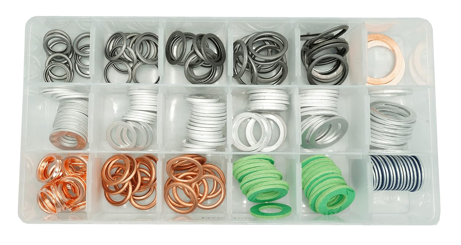 Dsnaduo 200PCS 18 Sizes Master Oil Drain Plug Gaskets Washers Assortment Kits Fit for Toyota, Subaru, Chevrolet Replace 90430-12031, MD050317, 803916010, 11026-01M02, 11137546275, APC93000 Pack of 2