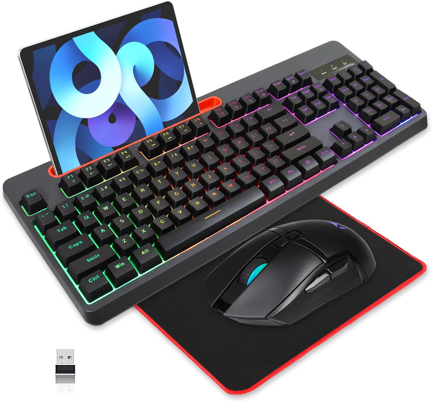 Wireless Gaming Keyboard and Mouse Combo,Rainbow Backlit Mechanical Feel Anti-ghosting, Durable Ergonomic Design,Tablet/Phone Bracket, Long Battery Life, for PC Office Work and Gaming Pack of 2