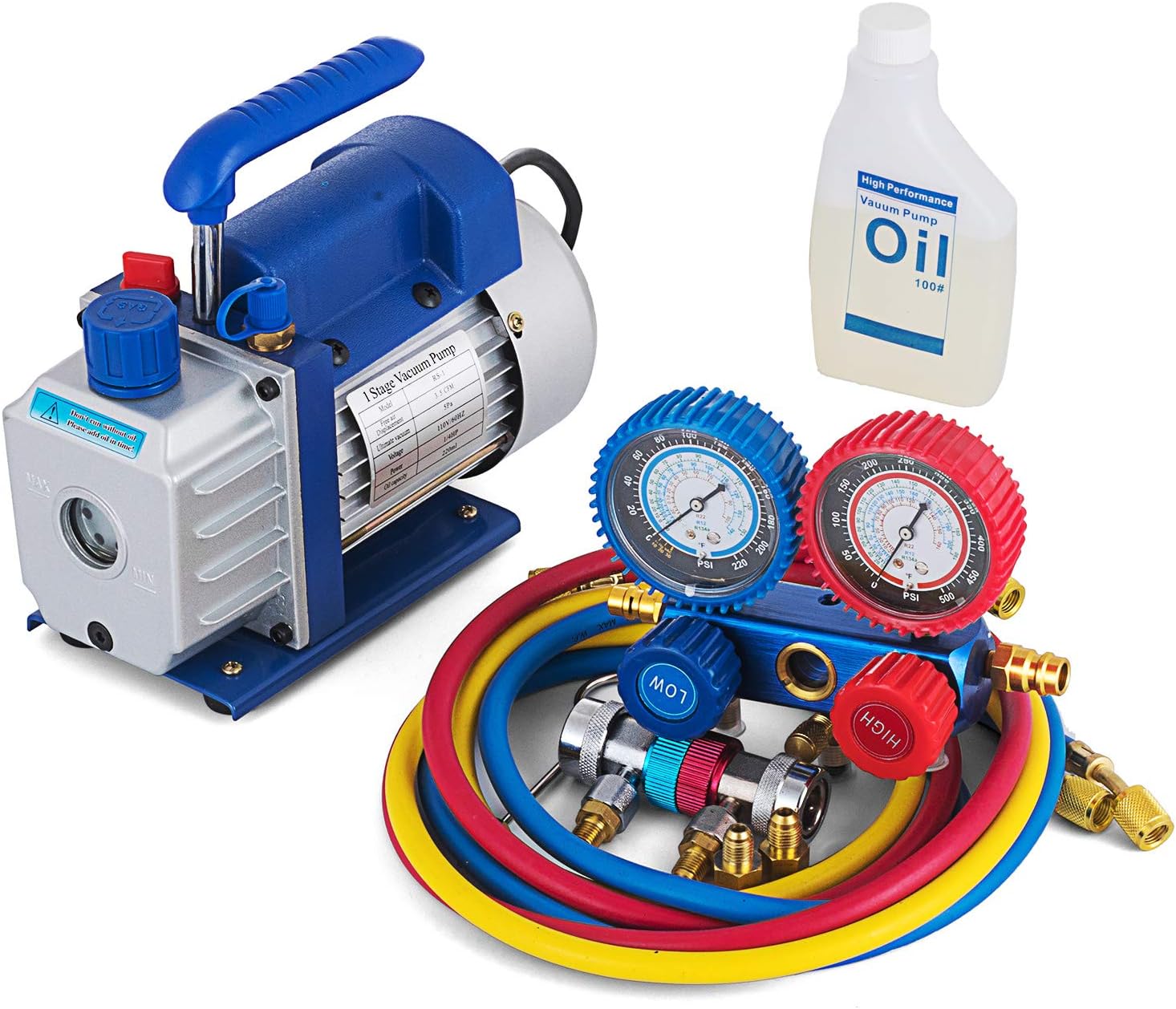 BLTPress 3.5 CFM Vacuum Pump Kit 1/4 HP Single Stage Vacuum Pump and R134a AC Manifold Gauge Set Kit for HVAC Air Conditioning Refrigeration Recharging