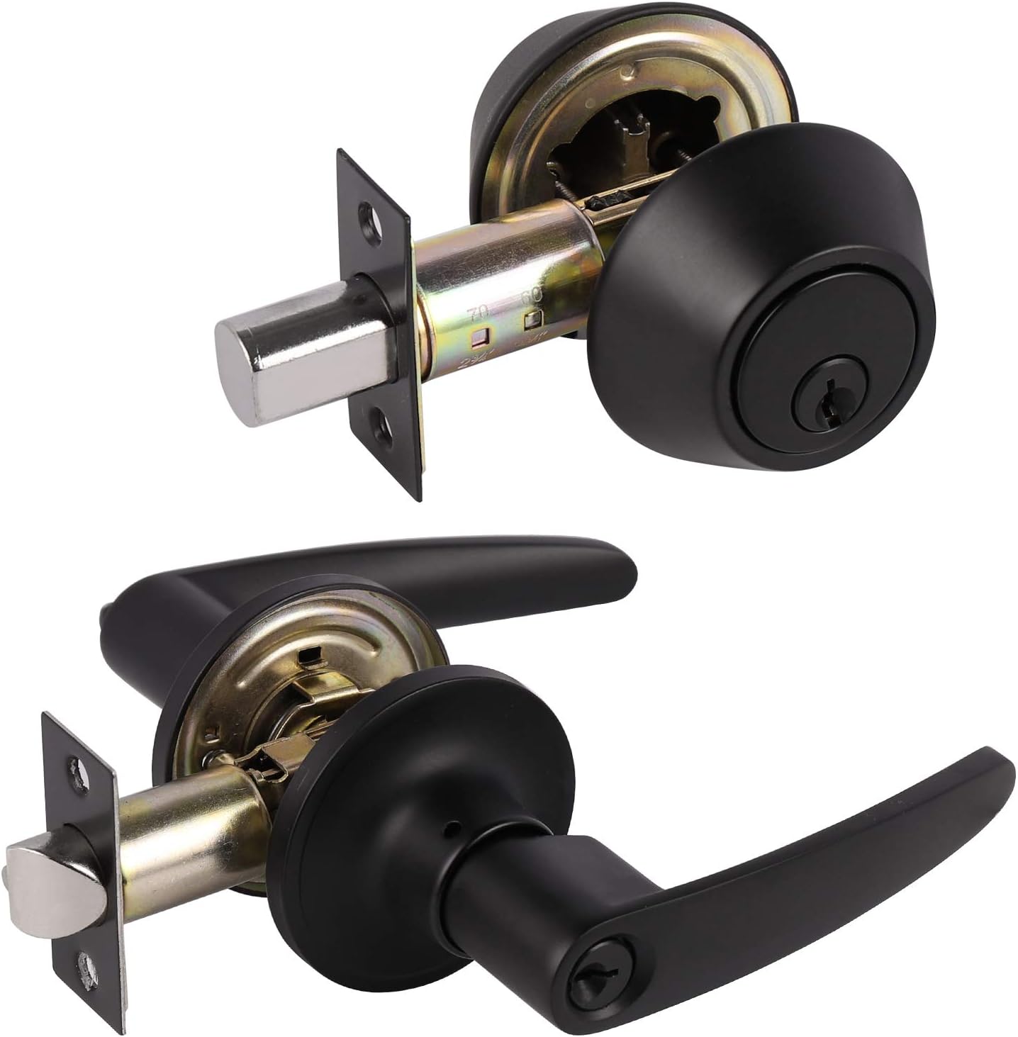 KNOBWELL 5 Pack Front Entry Door Handle Lock Set with Double Keyed Deadbolt, Matte Black Door Handle Lockset,Keyed Alike Reversible for Right and Left Side