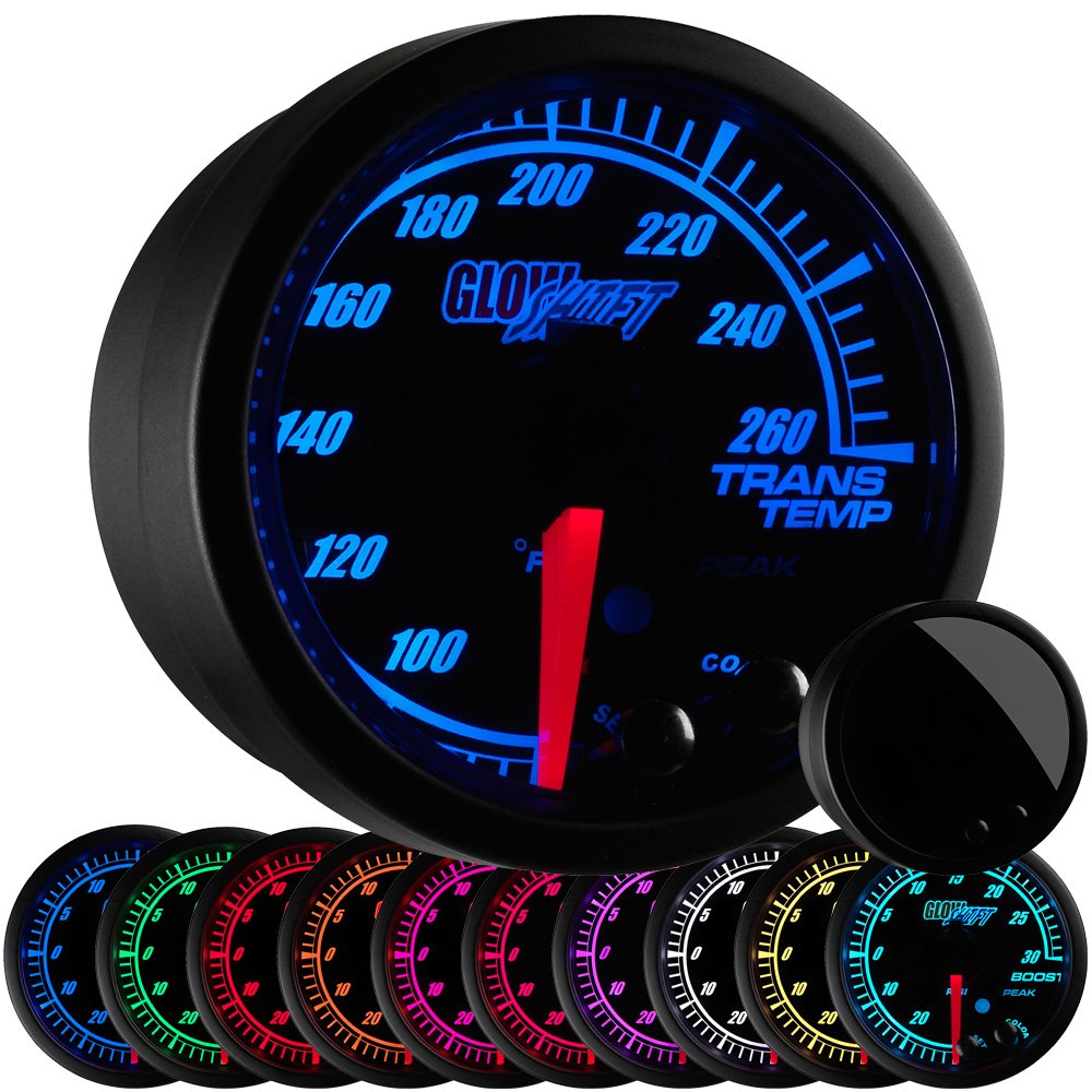 GlowShift Elite 10 Color 260 F Transmission Temperature Gauge Kit - Includes Electronic Sensor - Black Dial - Tinted Lens - Peak Recall Function - for Car & Truck - 2-1/16