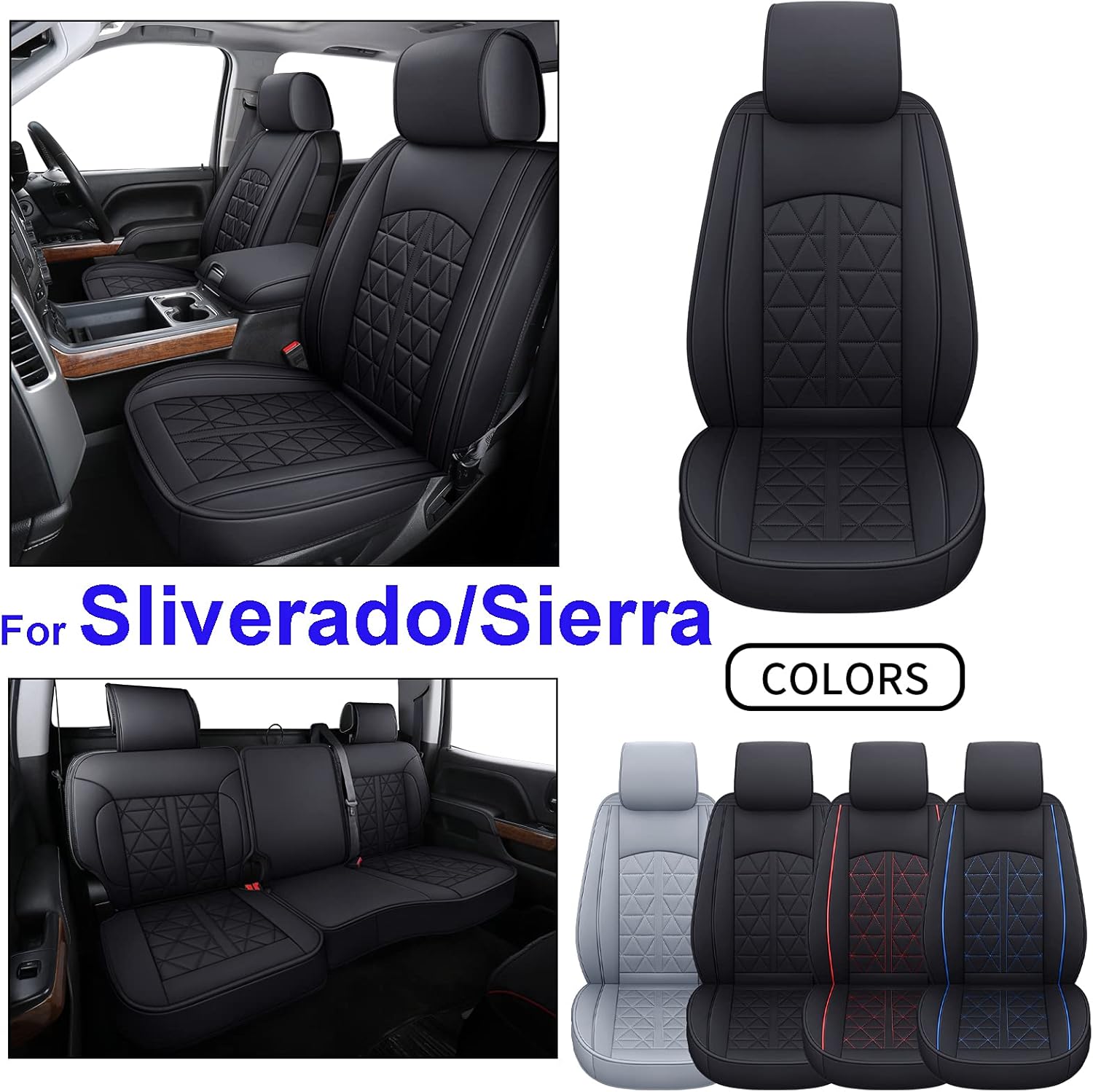 INCH EMPIRE Seat Cover Custom Fit for GMC Sierra 1500 2500 3500 2007-2021 Chevy Silverado 1500 2500 3500 Crew Extended Double Cab Pickup Synthetic Leather Car Seat Protector (Black&Blue Full Set)