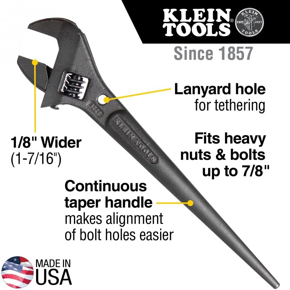 Klein Tools 3227 Extra Wide Adjustable Wrench, Construction Spud Wrench for Up to 1-7/16-Inch Nuts and Bolts, 10-Inch, with Tether Hole Pack of 2