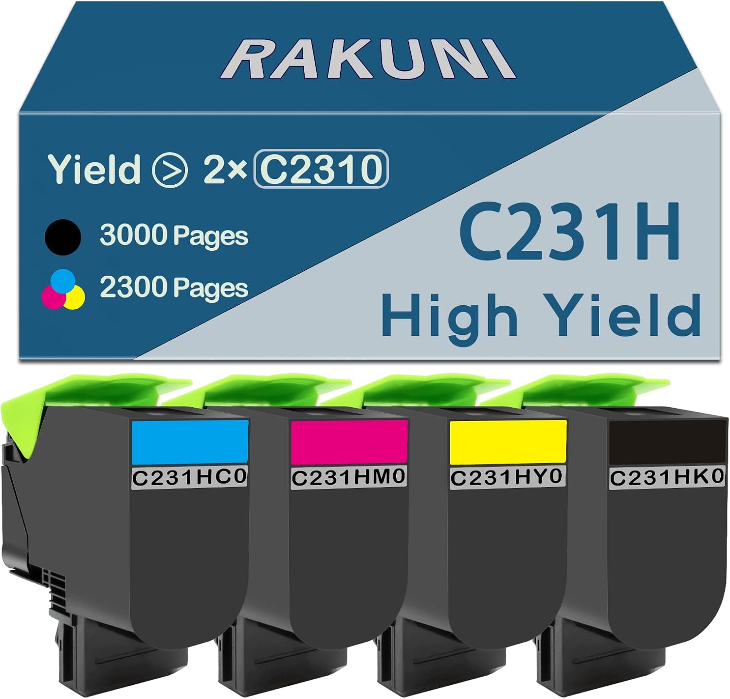 RAKUNI C231HK0 C231HC0 C231HM0 C231HY0 High Yeild Remanufactured Toner Cartridge Replacement for Lexmark C2325dw MC2325adw C2325 C2425dw MC2425adw C2535dw MC2535adwe MC2640adwe 4-Pack