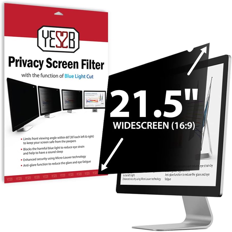 YES2B 21.5 Inch Monitor Privacy Screen Filter for 16:9 Widescreen Display - Computer, Monitor, Desktop PC, Anti Spy, Blue Light Blocking and Anti Glare Protector, Anti-Peeping Shield, Made Pack of 2