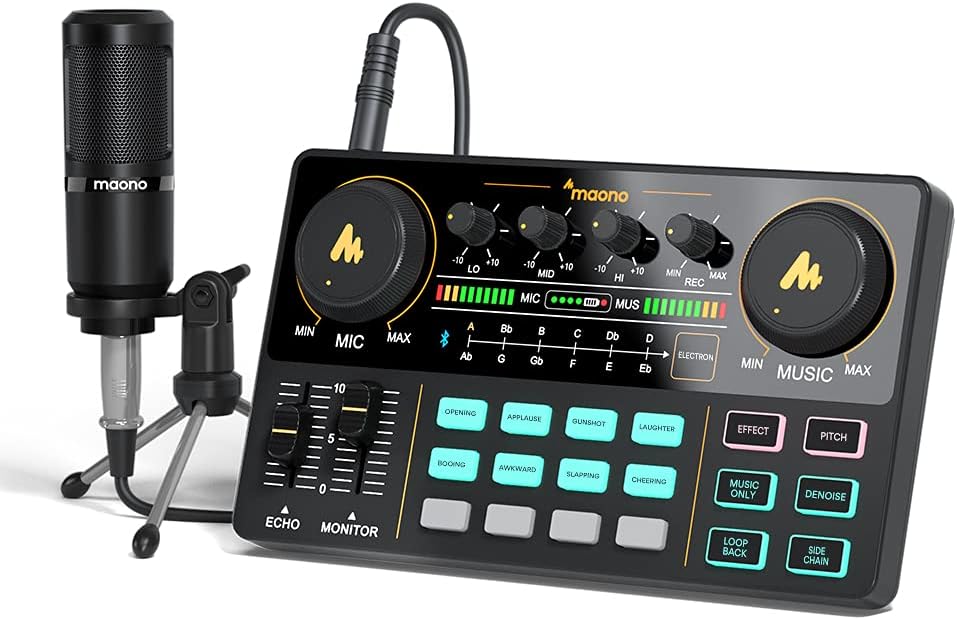 Audio Interface with DJ Mixer and Sound Card, Maonocaster Lite Portable ALL-IN-ONE Podcast Production Studio with 25mm Large Diaphragm Microphone for Live Streaming, PC, Recording(AU-AM200-S4)