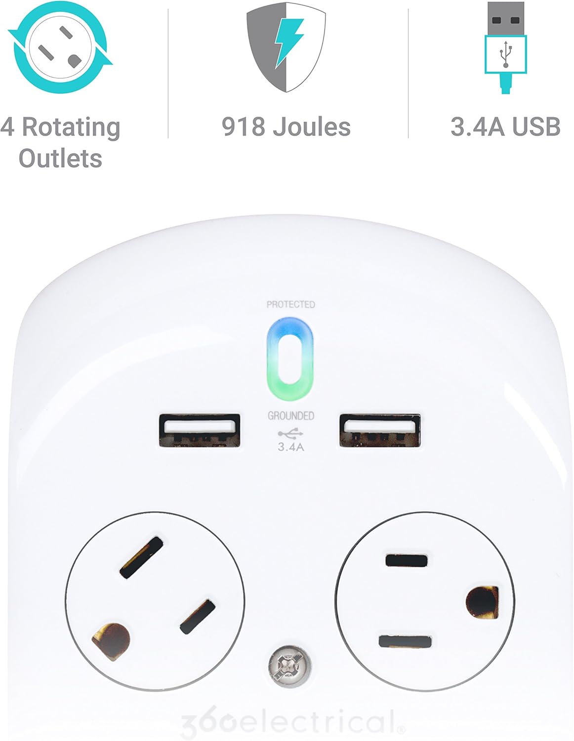 360 Electrical 36038 Revolve Surge Protector with 4 Rotating Outlets and 3.4 Amp/17W USB Charging, 6 Pack of 2