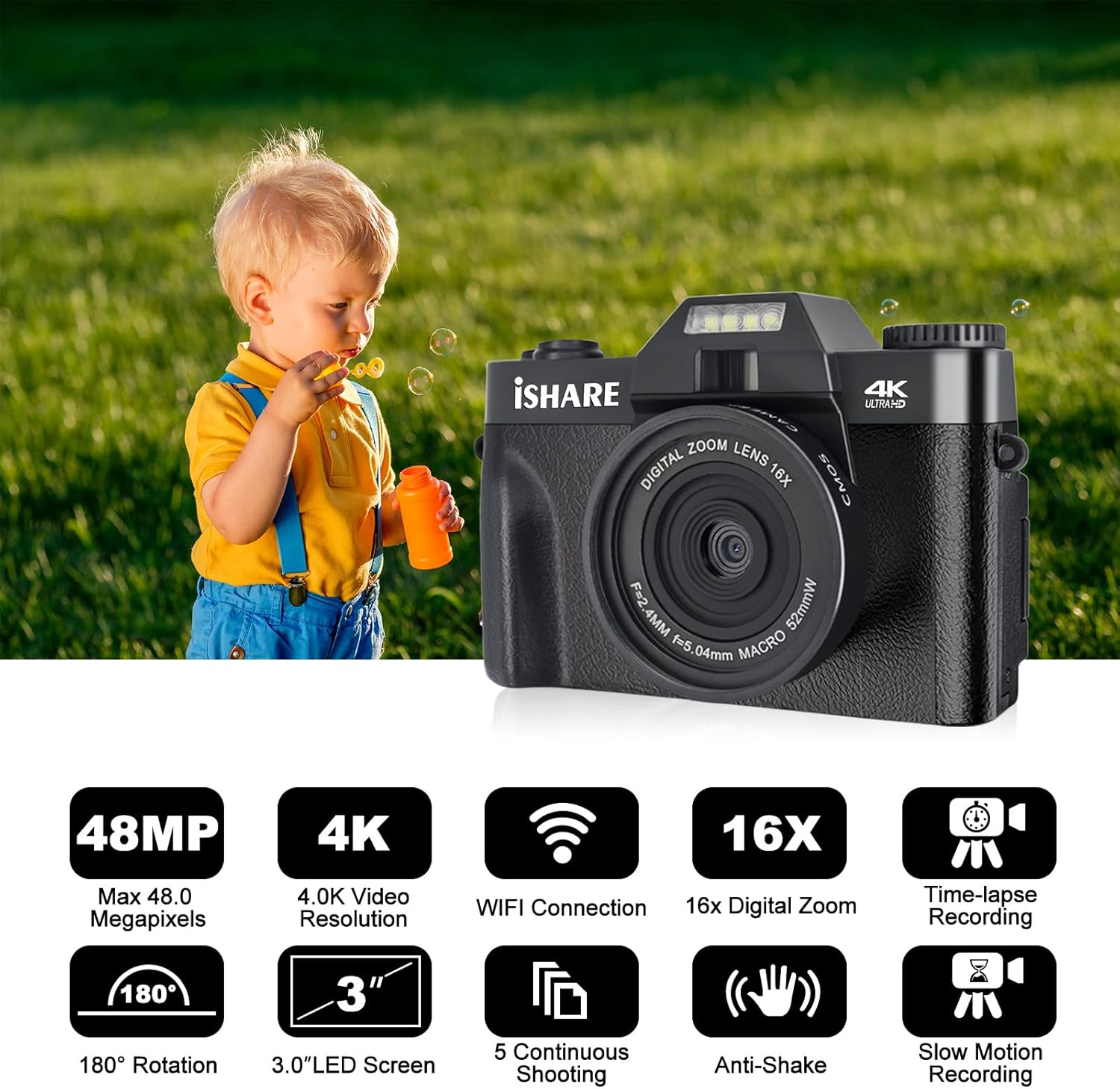 4K Digital Camera Vlogging Camera 48MP Full HD Video Camera with WiFi, Flip Screen Camera with 16X Digital Zoom and 3.0 Inch Flip Screen, Vlog Camera for YouTube (32GB Micro Card)