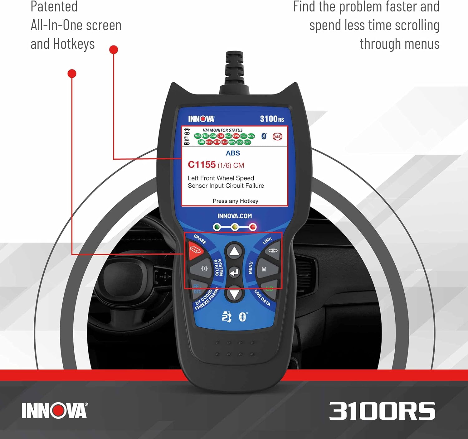 INNOVA 3100RS - Live Data OBD2 Scanner - Read/Erase OBD2 ABS SRS Codes - Reset Oil Light - Fast & Easy to use - Free Updates - Bluetooth w Free RepairSolutions2 App