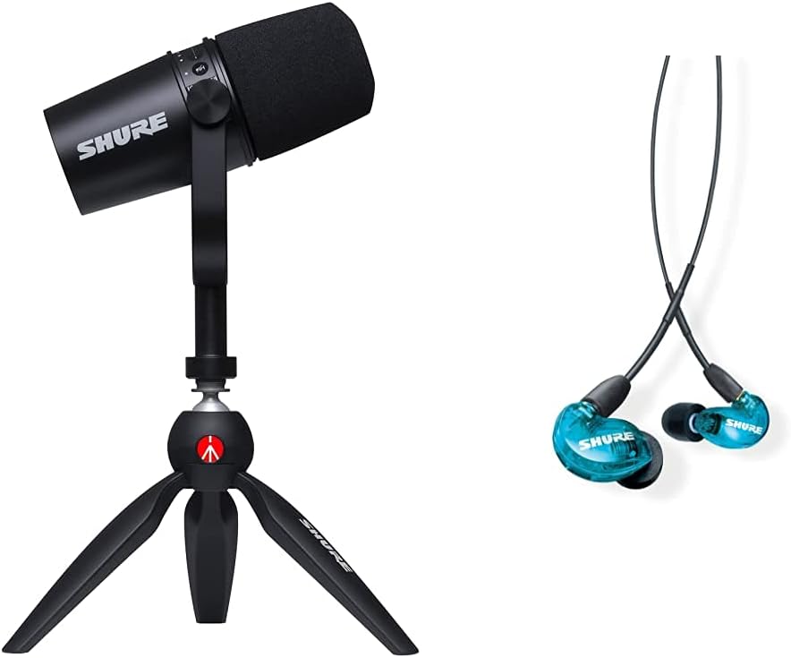 Shure MV7 USB/XLR Dynamic Microphone + SE215 Professional in-Ear Headphones for Podcasting, Recording, Streaming & Gaming, Built-in Headphone Output, Voice-Isolating Technology - Black/Clear
