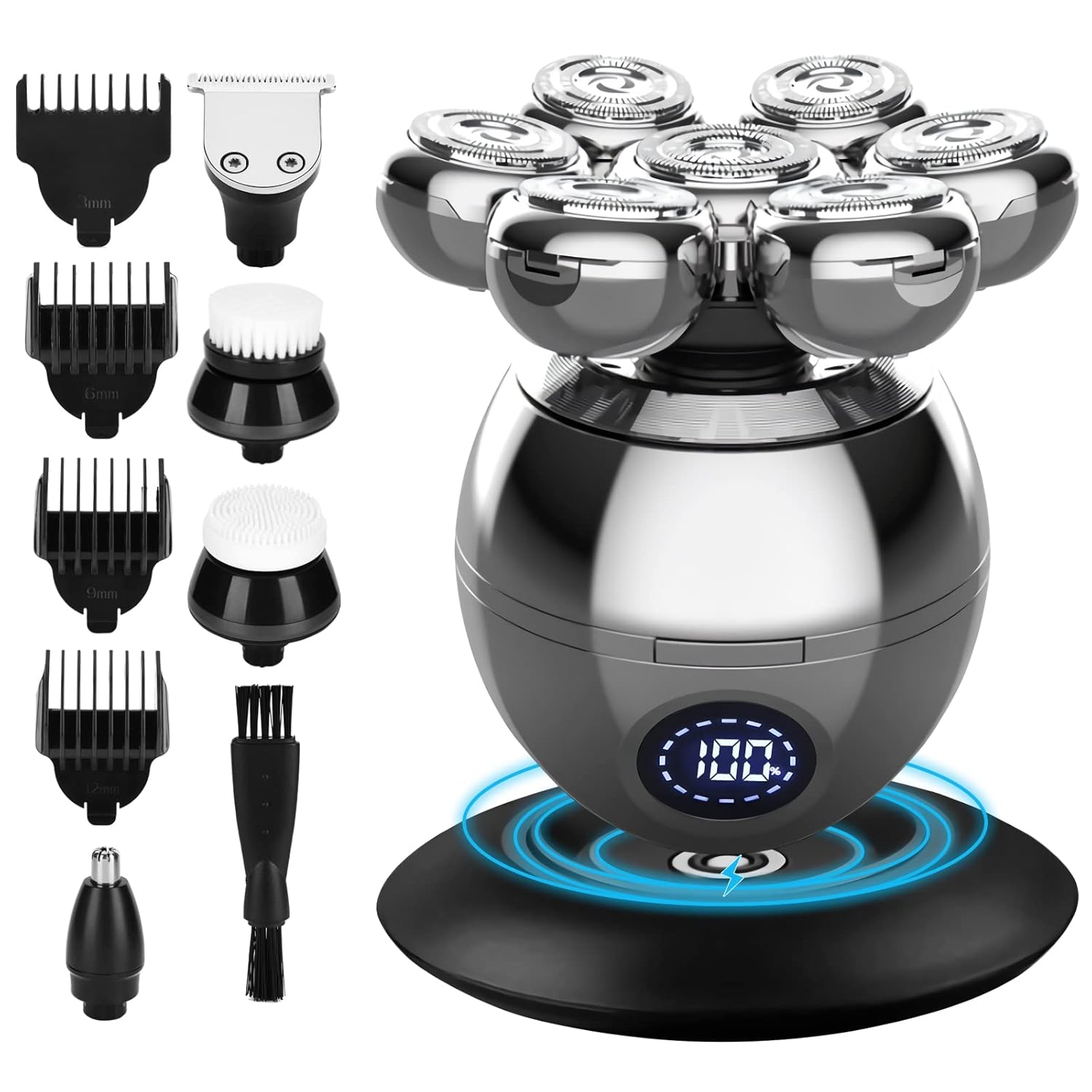 Head Shavers for Bald Men,7D Rechargeable Rotary Wet/Dry Shaver with Lithium-Ion Battery and Cordless USB - Hair Trimmers for Men Grooming Kit, Silver Pack of 2