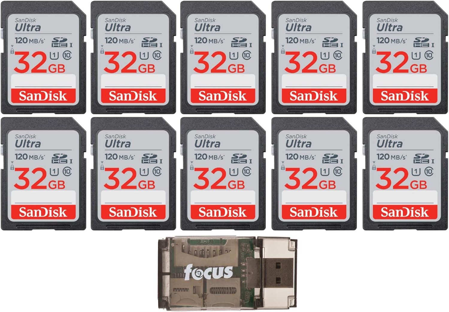 SanDisk 32GB 120MB/s Ultra UHS-I SDXC Memory Card (10-Pack) with Card Reader Bundle (11 Items)