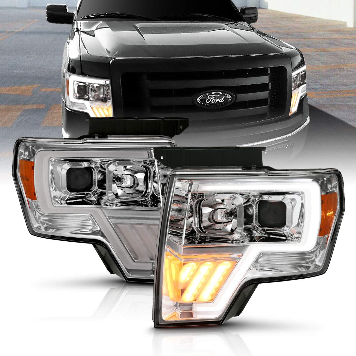 AmeriLite Black Projector Headlights LED Bar and Turn Signal Set for Ford F-150 - Passenger and Driver Side