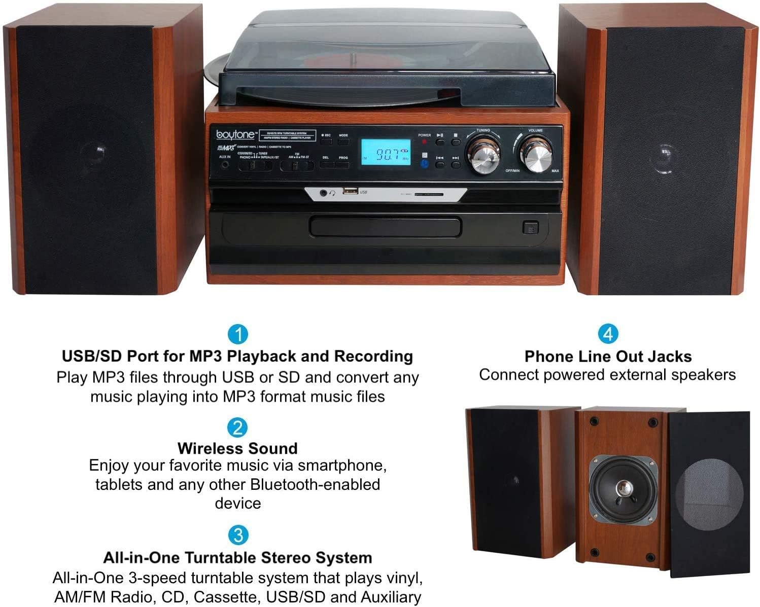 Boytone BT-24MB Bluetooth Classic Style Record Player Turntable with AM/FM Radio, CD/Cassette Player, 2 Separate Stereo Speakers, Record from Vinyl, Radio, and Cassette to MP3, SD Slot, USB, AUX.