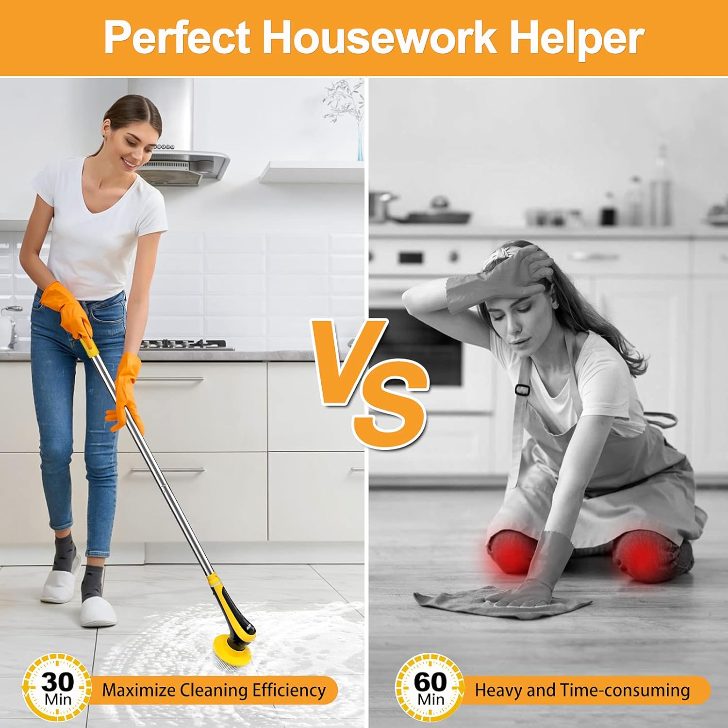 vrillo Electric Spin Scrubber, Shower Scrubber Cordless Floor Scrubber with Adjustable Handle and 6 Replaceable Cleaning Brush for Bathtub, Tile, Shower, Window and Kitchen (Not Include Adapter) Pack of 2