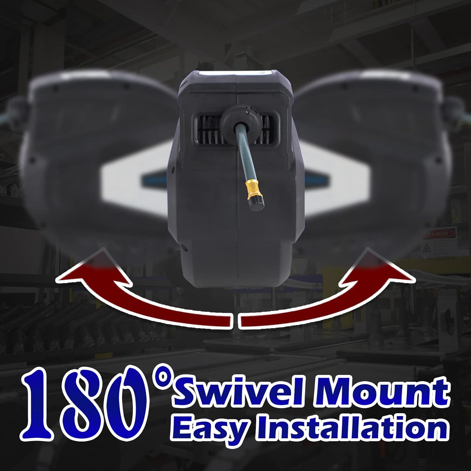 3/8” Air Hose Reel Retractable, 98+6.6 FT Auto Rewind Compressed Air Hose (Max 300PSI), Lightweight Hybrid Polymer Hose with Heavy Duty PP Case, 1/4 Inch Connector and 180°Swivel Mount