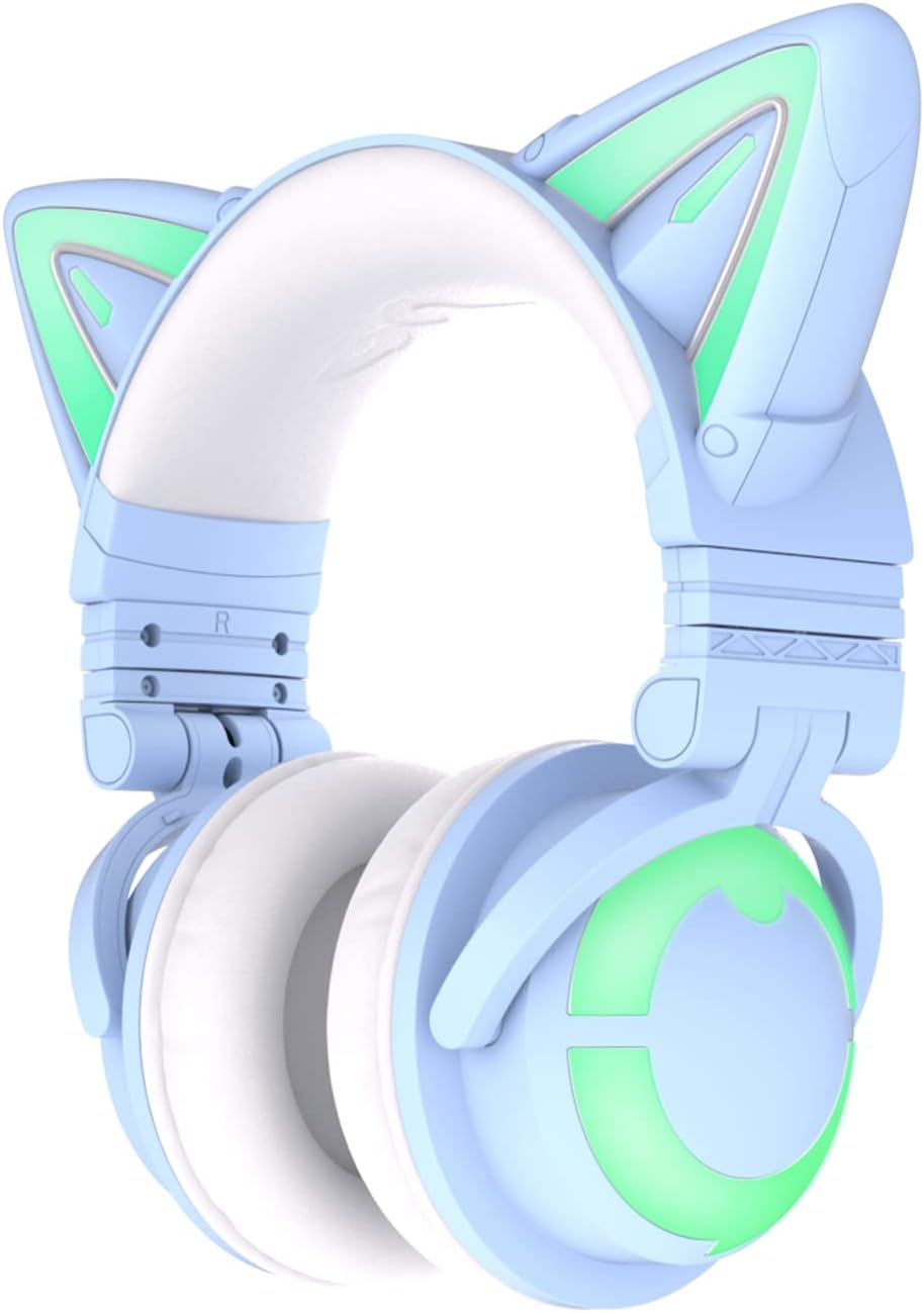 YOWU RGB Cat Ear Headphone 3G Wireless 5.0 Foldable Gaming Headset with 7.1 Surround Sound, Built-in Mic & Customizable Lighting and Effect via APP, Type-C Charging Audio Cable-White