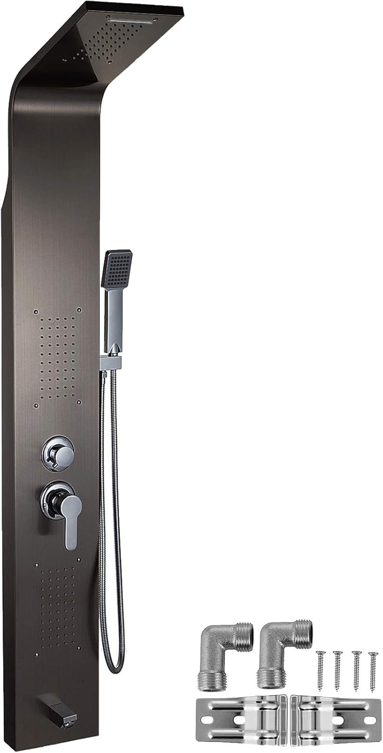 Happybuy 5 in1 Shower Panel Tower System Stainless Steel Multi-Function Shower Panel with Spout Rainfall Waterfall Massage Jets Tub Spout Hand Shower for Home Hotel Resort Split Type